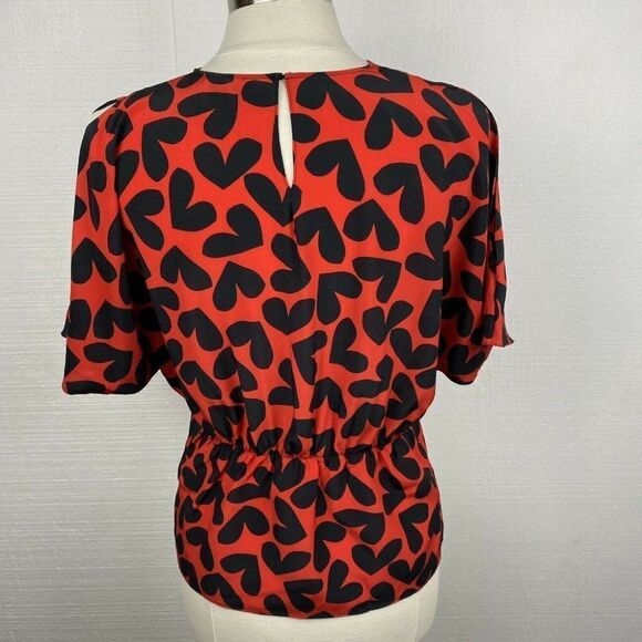 YVES SAINT LAURENT Blouse 6 Womens Hearts Black Red Short Sleeves Cinched Waist - Picture 5 of 11